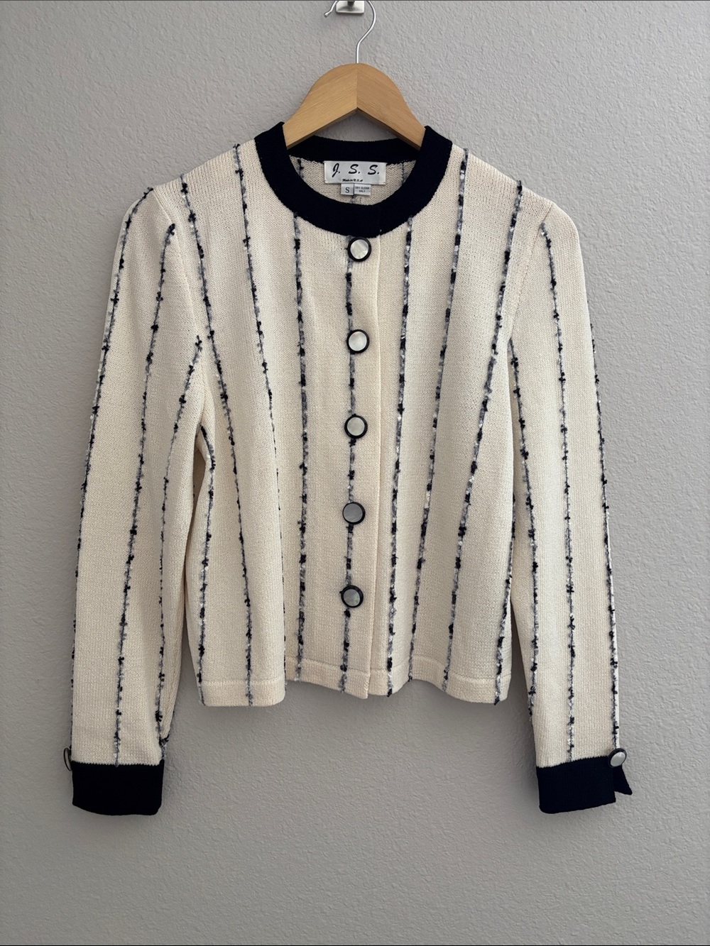 Vintage JSS Wool Blend Cardigan Ivory & Black Silver Striped Cardigan Size S USA